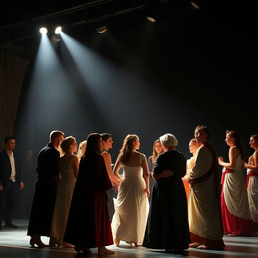 Bühnenfoto der Aufführung 'Antigone' mit Studenten der Schauspielschule Züri in griechischen Kostümen